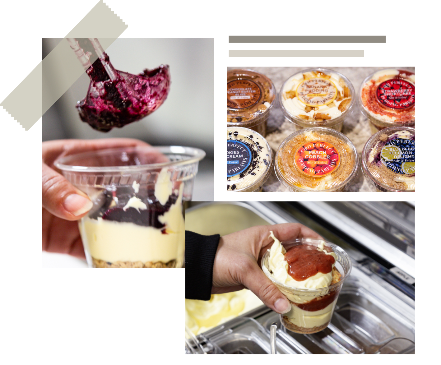 Pudding parfaits being layered and topped in the shop