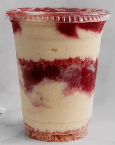 Strawberry shortcake parfait with red cake crumble layers