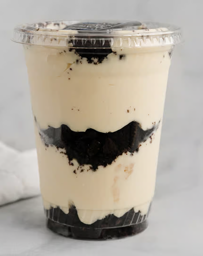 Cookies and cream parfait with dark cookie crumble layers