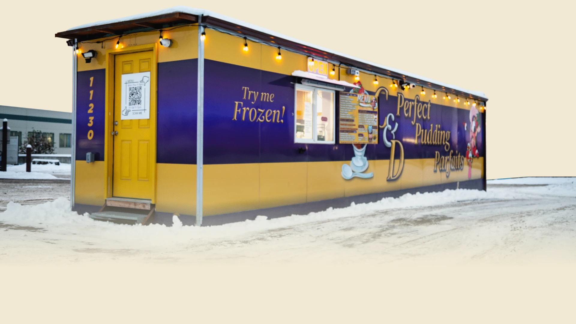 The purple and yellow C&D Perfect Pudding Parfaits building in Anchorage